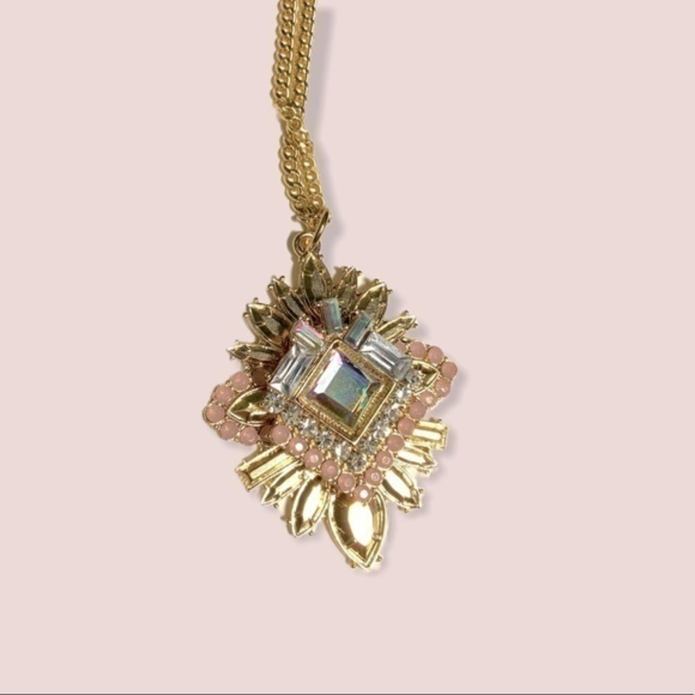Sparkly Pink gold tone‎ long statement necklace